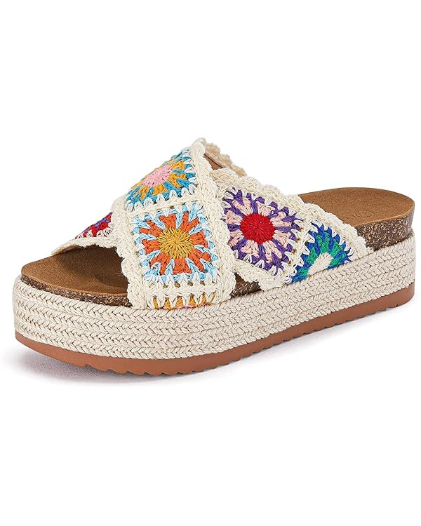 Coutgo Womens Platform Espadrille Sandals Flatform Floral Crochet Cork Open Toe Summer Beach Slid... | Amazon (US)