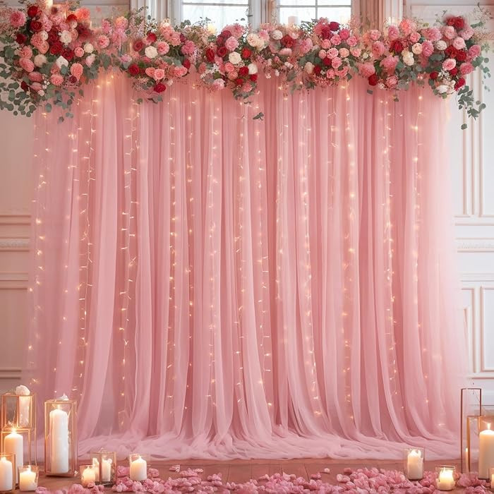 10x10ft Dusty Rose Tulle Backdrop Curtain with Lights String for Parites, Sheer Photo Backdrop Dr... | Amazon (US)