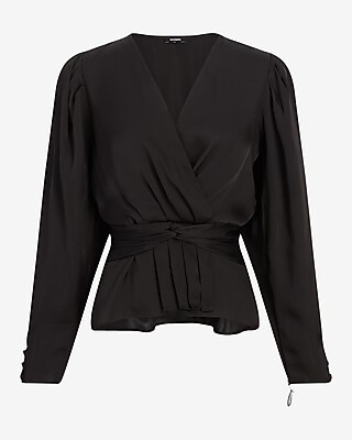 Satin V-Neck Twist Front Peplum Top | Express