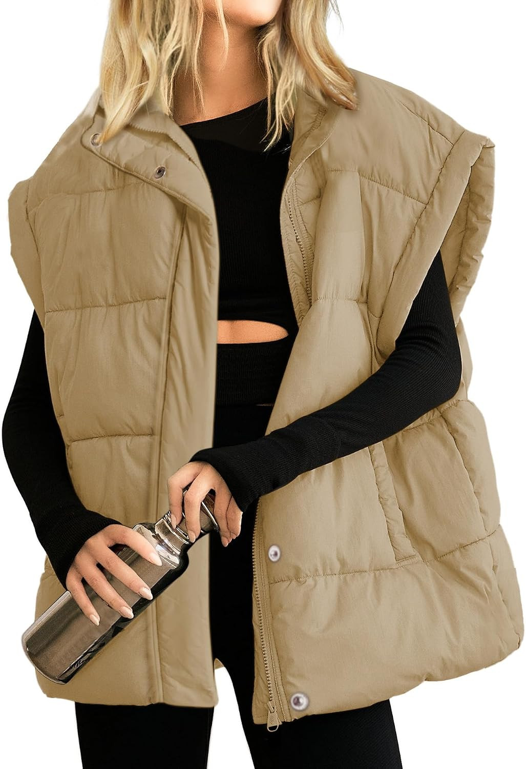 Womens Oversized Puffer Vest Stand Collar Full Zip Sleeveless Bubble Puffer Vest Quilted Padded Warm Coat Outwear | Amazon (US)
