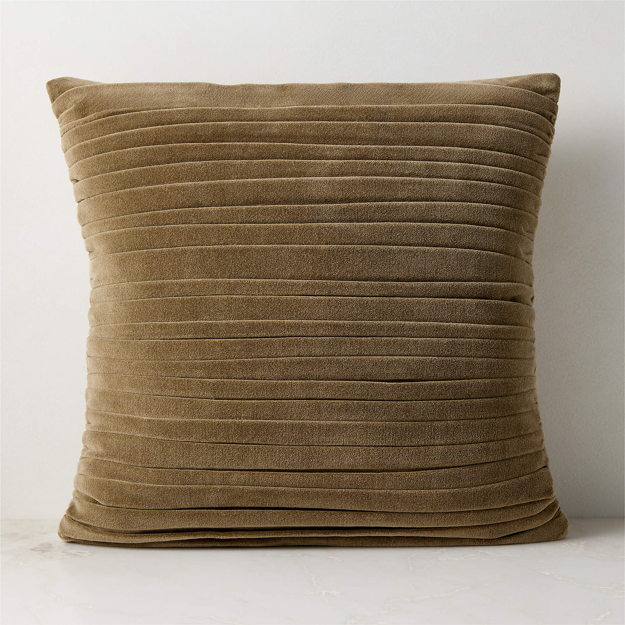 Ruched Olive Green Velvet Throw Pillow with Down-Alternative Insert 20"x20" by Todd Snyder | CB2 | CB2