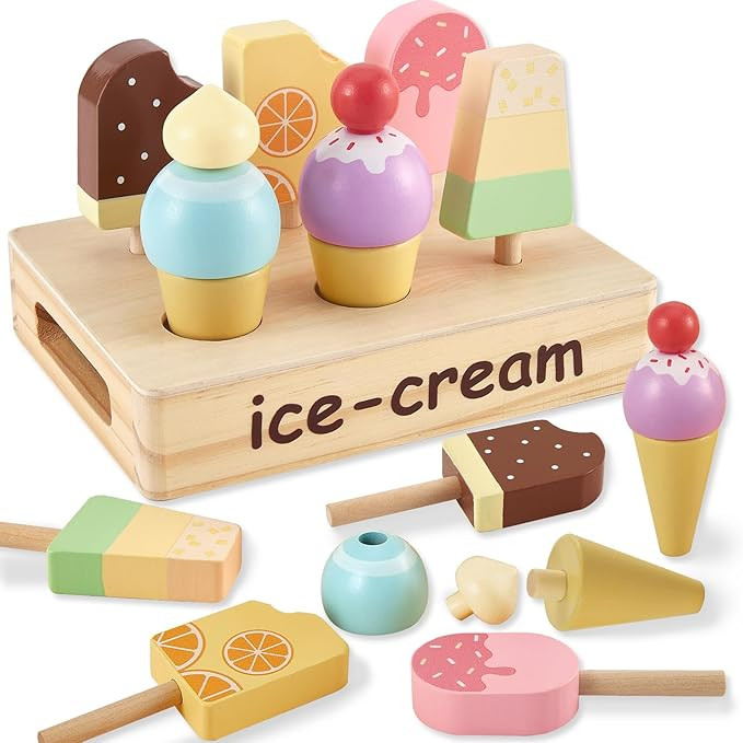 HERSITY Wooden Ice Cream Stand for Kids, Ice Cream Popsicle Toy Pretend Play Food Kitchen Accesso... | Amazon (US)