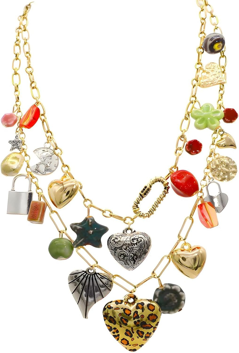 Chunky Heart Charm Necklace for Women Paperclip Chain Statement Necklaces Sun Star Coins Sea shell Western Vintage Jewelry | Amazon (US)