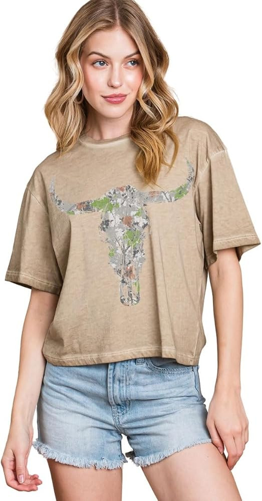 Womens Longhorn Skull Western Graphic Crop Tee Oil Washed Vintage Cowgirl Relaxed Fit Short Sleev... | Amazon (US)