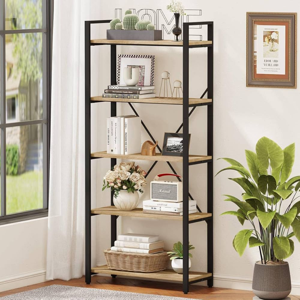 FATORRI 5 Tier Bookshelf, Industrial Wood and Metal Book Shelves for Display, Tall Etagere Bookca... | Amazon (US)