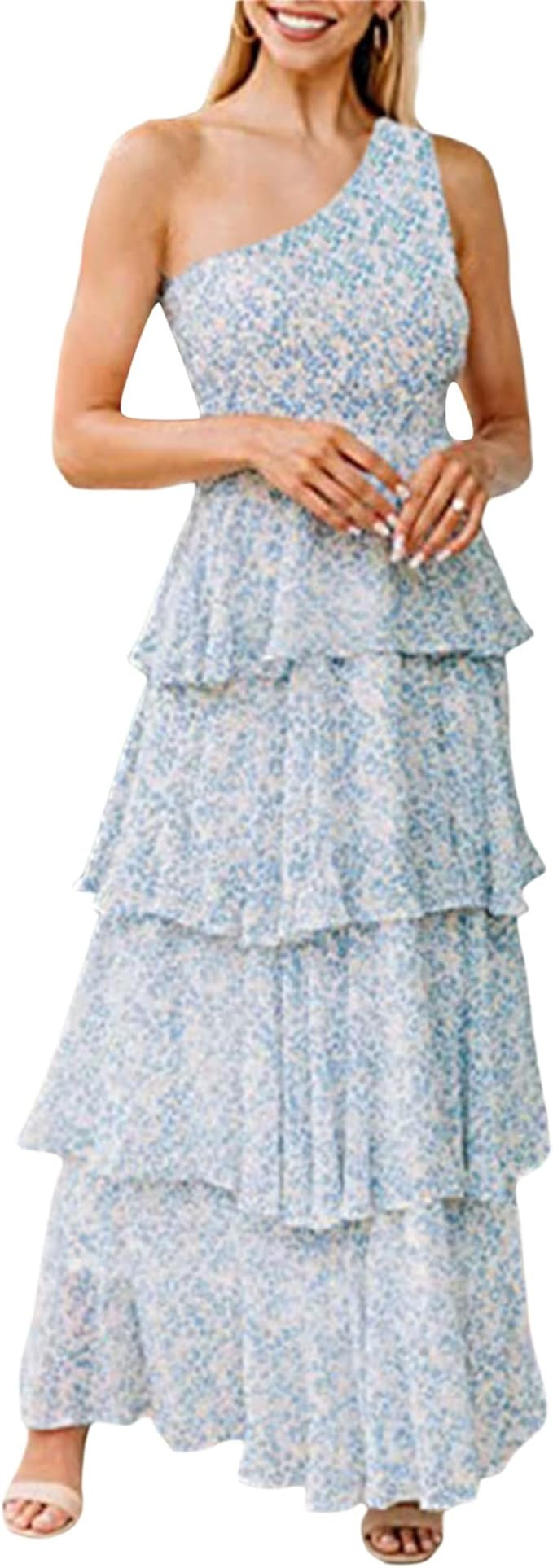 Women Summer One Shoulder Sleeveless Boho Maxi Dress Casual Solid Color High Waist A Line Tiered ... | Amazon (US)