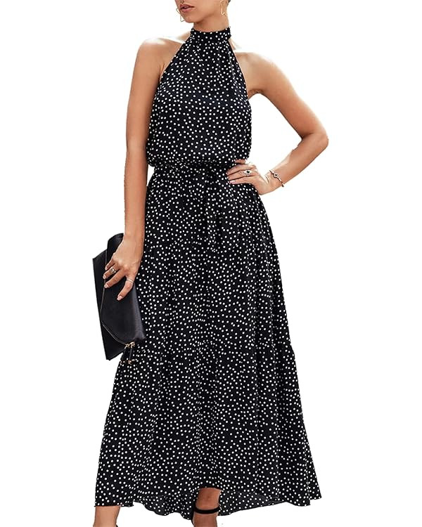 PRETTYGARDEN Women’s Casual Halter Neck Sleeveless Floral Long Maxi Dress Backless Loose Ruffle... | Amazon (US)