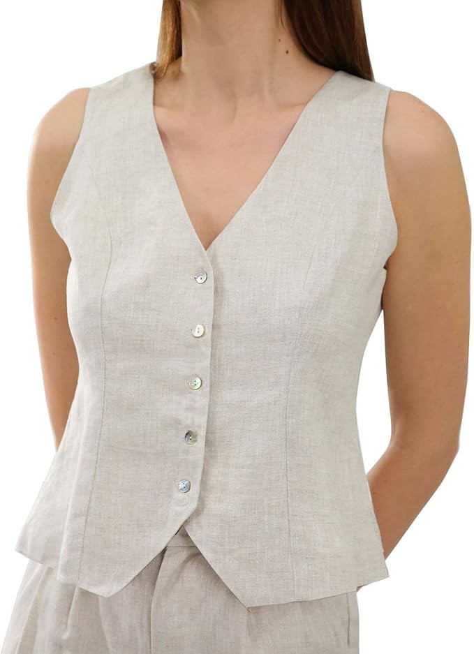 Amazhiyu Womens Pure Linen Sleeveless Button Down V Neck Crop Top Summer Vest Waistcoat | Amazon (US)