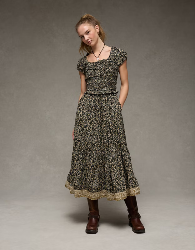 AE Scoop Neck Smocked Midi Dress | American Eagle Outfitters (US & CA)