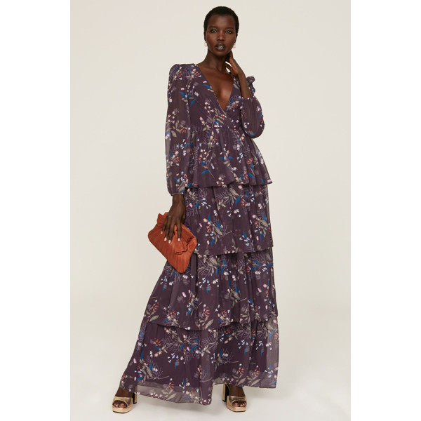 Ieena for Mac Duggal Floral Tiered Gown purple-multicolored-print | Rent the Runway