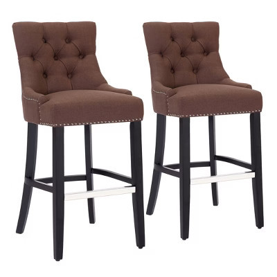 WestinTrends 29" Linen Tufted Buttons Upholstered Wingback Bar Stool (Set of 2), Brown | Target