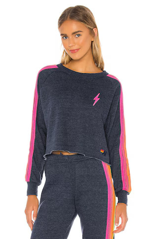 Aviator Nation Bolt Cropped Classic Crewneck in Heather Navy Neon from Revolve.com | Revolve Clothing (Global)