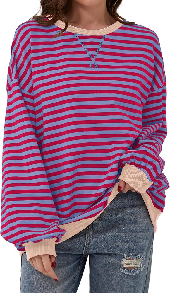 Women Striped Oversized Sweatshirt Color Block Crew Neck Long Sleeve Shirt Casual Pullover Top Fa... | Amazon (US)