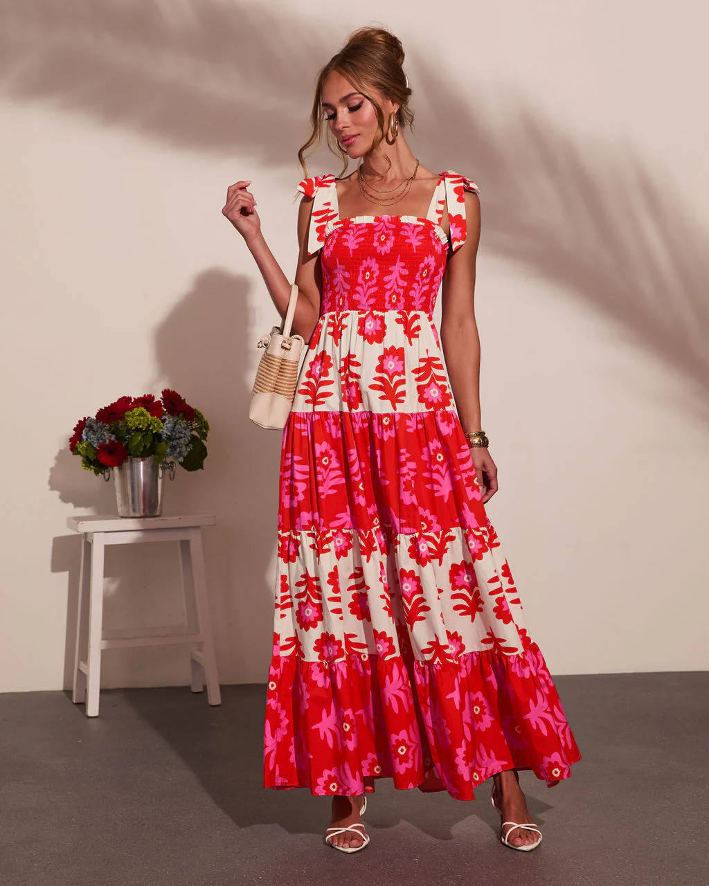 Summer Dreaming Floral Color Block Maxi Dress - Red Multi / XL | VICI