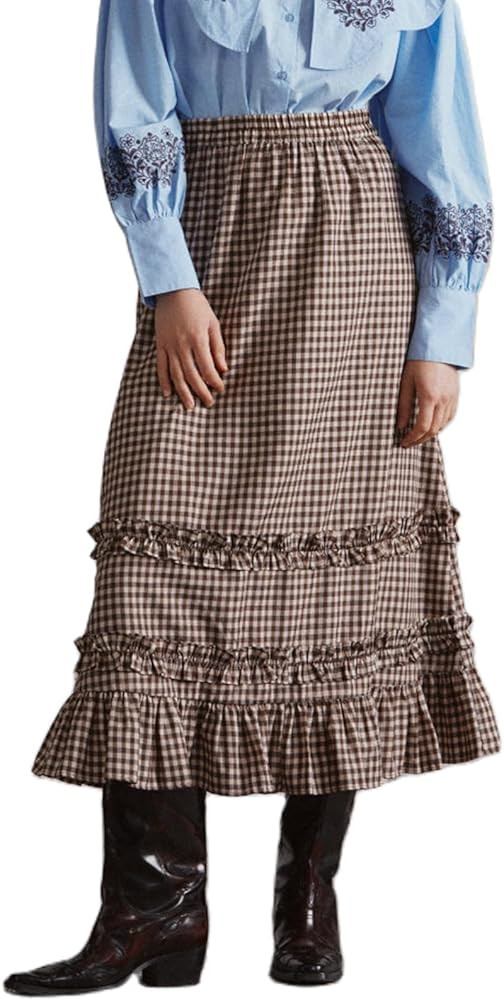 Y2k Plaid Pleated Maxi Skirt for Women Elastic Waist Aline Gingham Swing Long Skirts Retro Summer | Amazon (US)