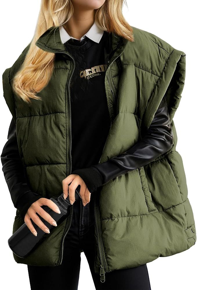 SeeLuNa Womens Winter Puffer Vest Lightweight Flysleeve Stand Collar Oversized Puffy Coat Padded ... | Amazon (US)
