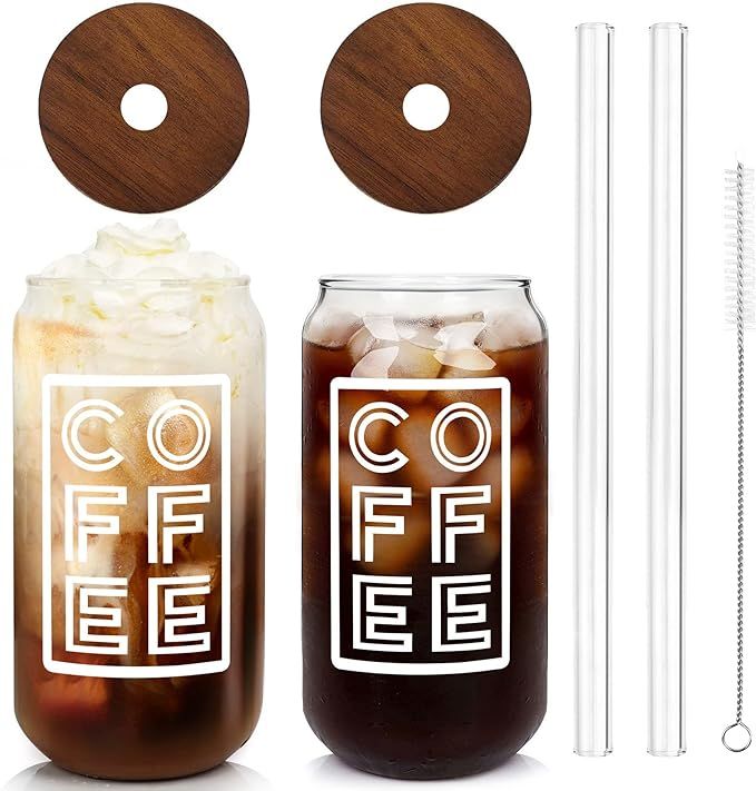 ANOTION Iced Coffee Cup with Lids and Straw, Beer Can Glass with Wooden Cover 20 Oz Glass Coffee ... | Amazon (US)