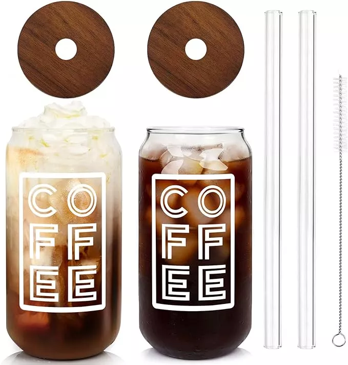  ANOTION Iced Coffee Cup, Mason Jar with Lid and Straw