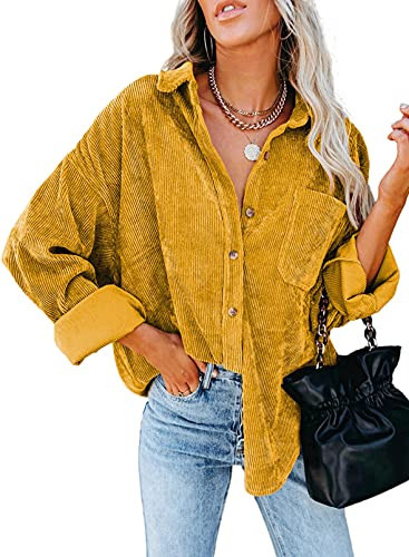 Dokotoo Womens Soft Cuffed Sleeve Corduroy Collar Shirts Long Plus Size Button Down Blouse Tops XL Yellow | Amazon (US)