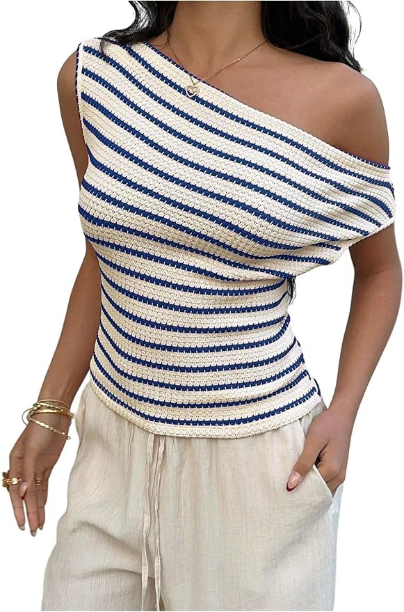MakeMeChic Women's Striped One Off The Shoulder Crop Tops Cinched Waist Asymmetric Short Sleeve Y... | Amazon (US)
