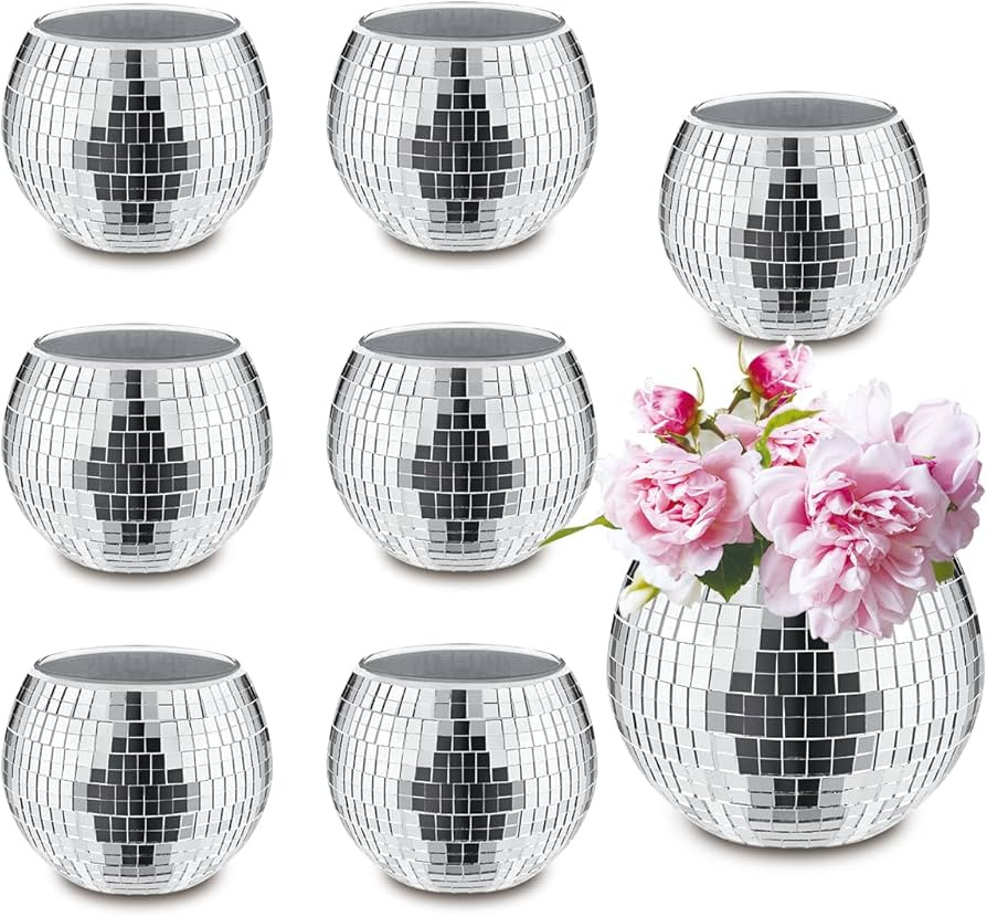 8 PCS Silver Disco Ball Vase,Glass Disco Ball Planter Candle Holder Vase Bulk Mirror Disco Ball F... | Amazon (US)
