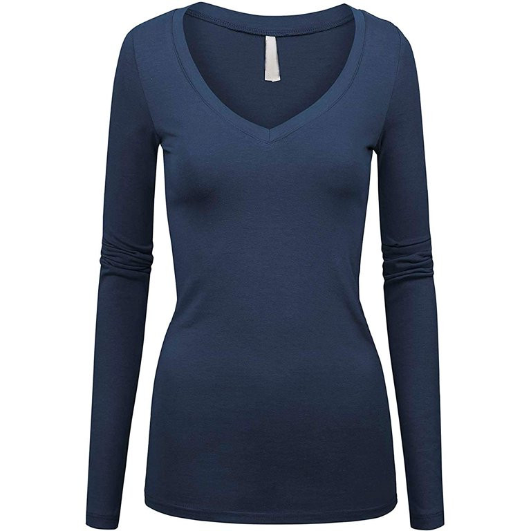 Women's Plus Size Basic Quality V-Neck Soft Stretchy Long Sleeves T Shirt | Walmart (US)