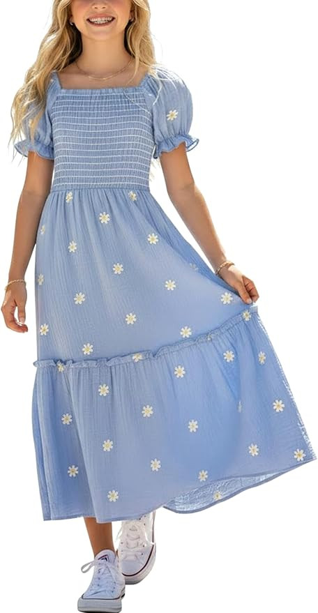 Sunny Spirit Girls Summer Dresses Tween Dress for Girl Maxi Spring Boho Floral Short Puff Sleeve ... | Amazon (US)