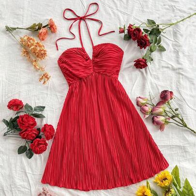 Women's Sexy Textured Open Back Halter Neck Red Dress, Summer | SHEIN