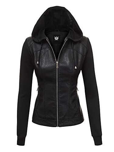 Made By Johnny MBJ WJC1347 Women’s Faux Leather Moto Jacket with Fleece Sleeves & Hoodie S Black_Black | Amazon (US)