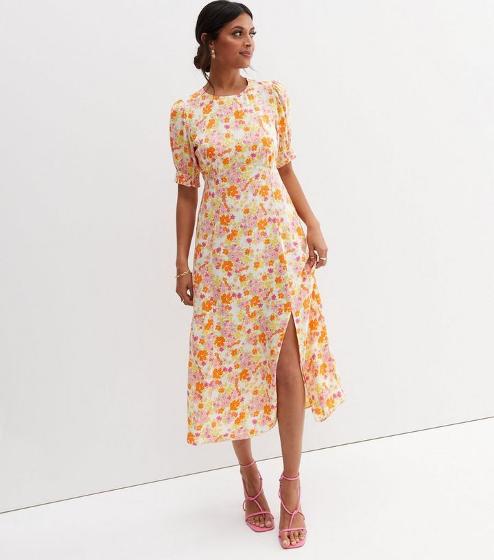 Pink Floral Puff Sleeve Split Midi Dress
						
						Add to Saved Items
						Remove from Saved ... | New Look (UK)