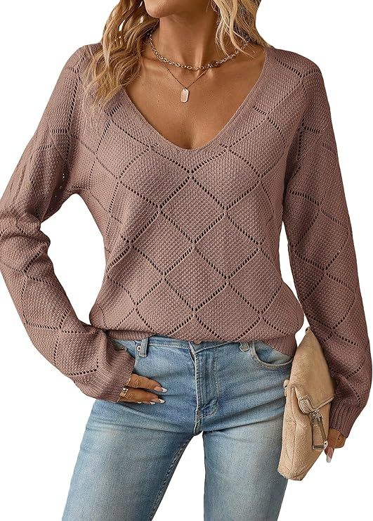 COZYEASE Women's V Neck Drop Shoulder Pointelle Knit Casual Tops Plain Long Sleeve Pullover Loose... | Amazon (US)