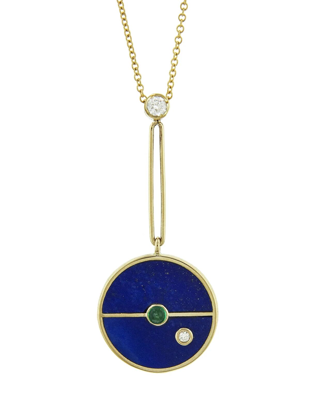 Signature Lapis and Emerald Compass Yellow Gold Pendant Necklace | YLANG 23
