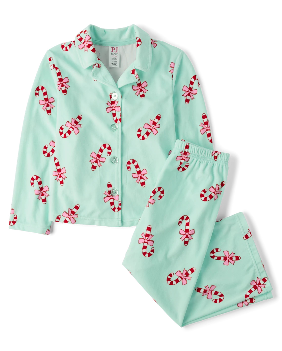 Girls Holiday Candy Cane Velour Button Front Pajamas - green | The Children's Place