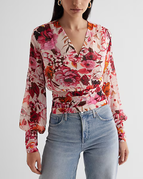 Floral V-neck Long Sleeve Faux Wrap Pleated Waist Top | Express