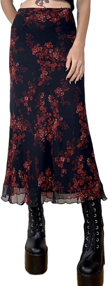 Women Vintage Long Skirt Summer Spring Casual High Waist Retro Floral Print Slim Fit Half Dress S... | Amazon (US)