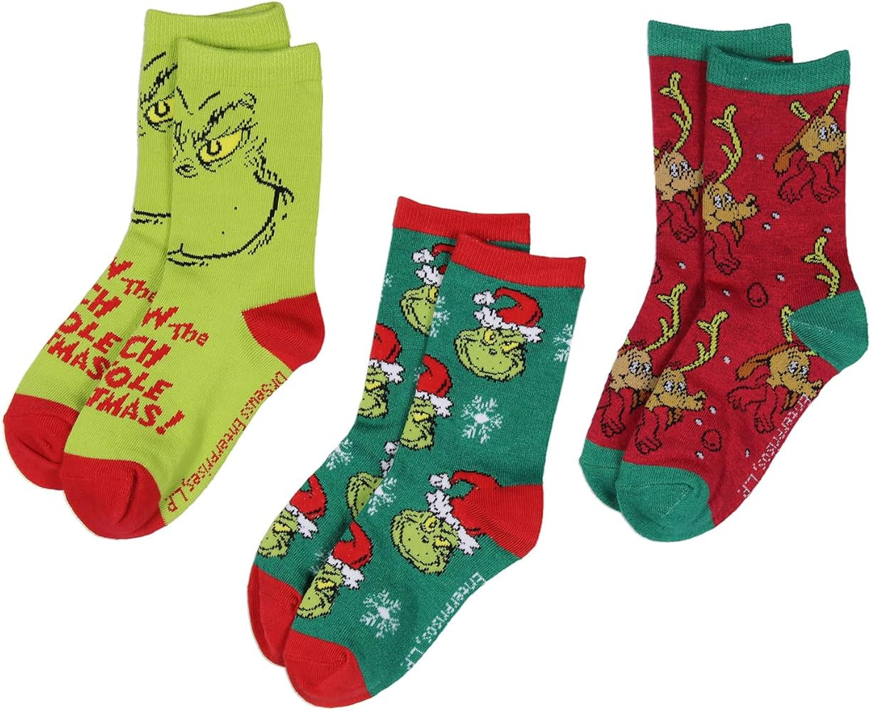 Bioworld Dr. Seuss GRINCH Kids 3 Pairs Multi-Design Crew Socks For Boys' Or Girls' | Amazon (US)