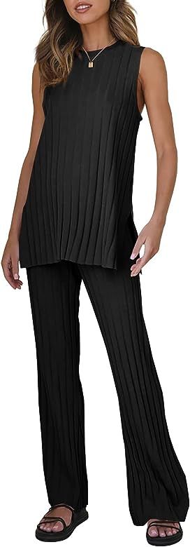 Tankaneo Two Pieces Outfits Sleeveless Top Knit Sets Trendy Lounge Long Pajamas Set | Amazon (US)