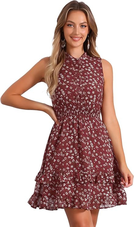 Allegra K Women's Mini Smocked Dresses Sleeveless A-Line Chiffon Floral Dress | Amazon (US)