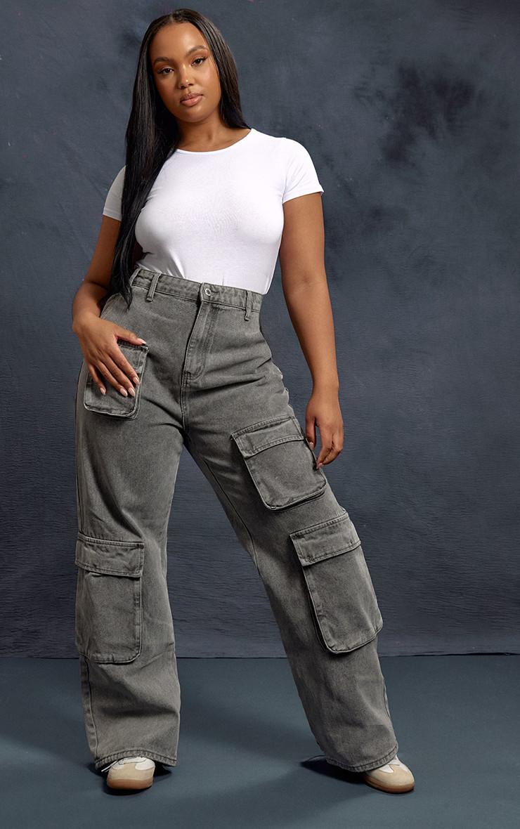 Plus Washed Grey Cargo Denim Jeans | PrettyLittleThing US