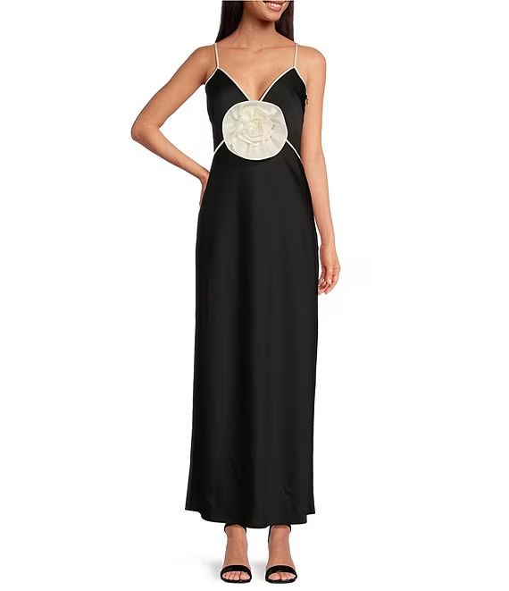Stephanie Satin V-Neck Rosette Detail Sleeveless Slip Maxi Dress | Dillard's