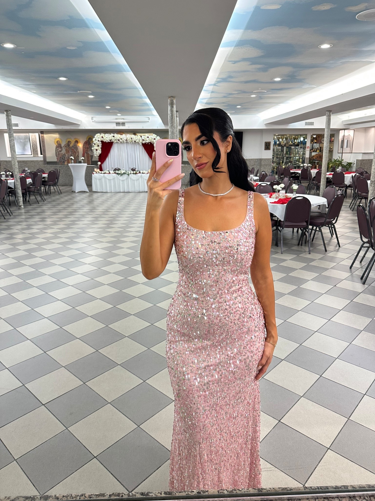 MacDuggal dress
Special occasion dress
Pink sequin dress
Gown
