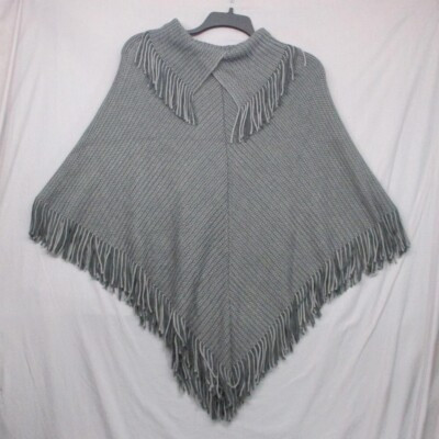 Knit Fringed Poncho Smoke Gray Women Size One Size | eBay US