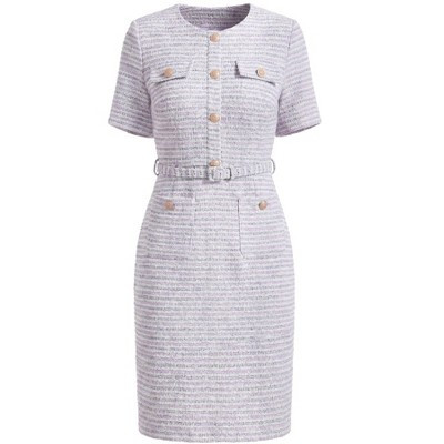 INSPIRE CHIC Women's Tweed Crew Neck Belted Short Sleeve Work 2026 Sheath Midi Dress Pink Purple Large | Target