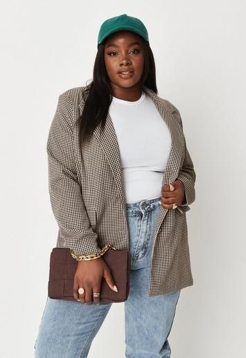 Plus Size Brown Houndstooth Oversized Blazer | Missguided (UK & IE)