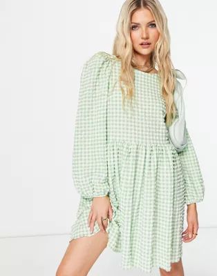 ASOS DESIGN textured mini smock dress with strappy back in green and white gingham | ASOS (Global)