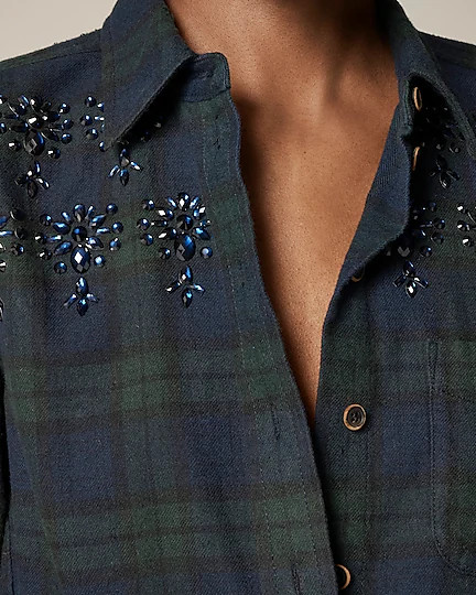 Embellished shrunken button-up shirt in tartan brushed cotton oxford | J. Crew US
