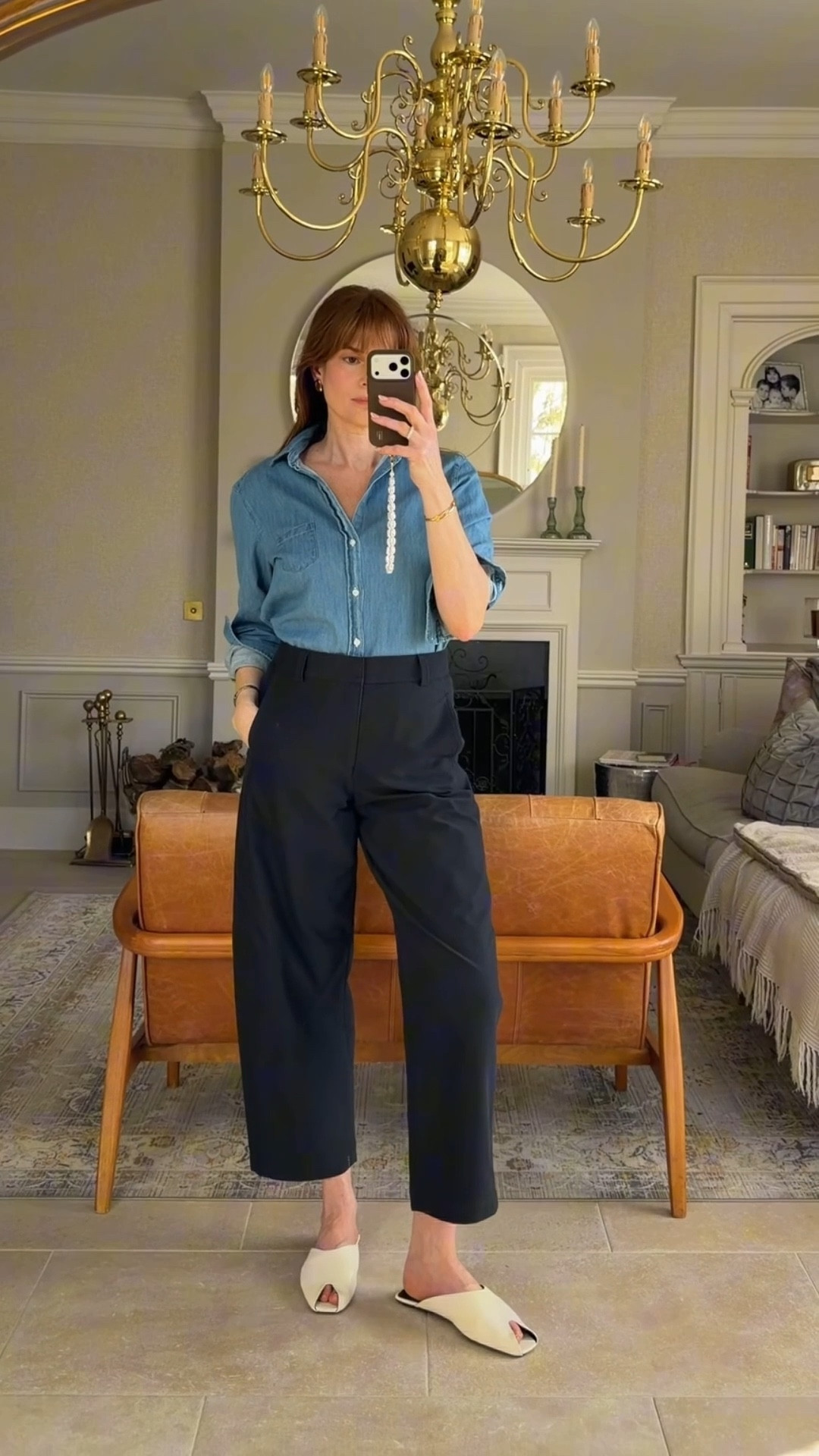 Barrel trousers, denim shirt, flat mules 

#LTKspring #LTKshoes #LTKuk