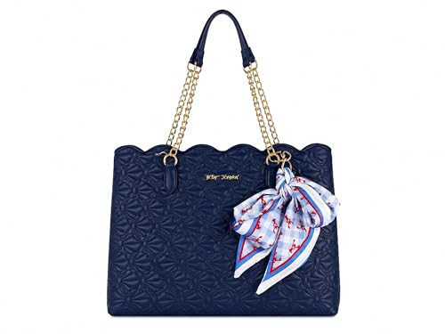 Betsey Johnson Coastal Charm Quilted Tote Bag for Women, Scalloped Shoulder Purse with Gold Chain Straps & Lobster Scarf Accent, 15x12 Inches (Nautical Sapphire) | Amazon (US)