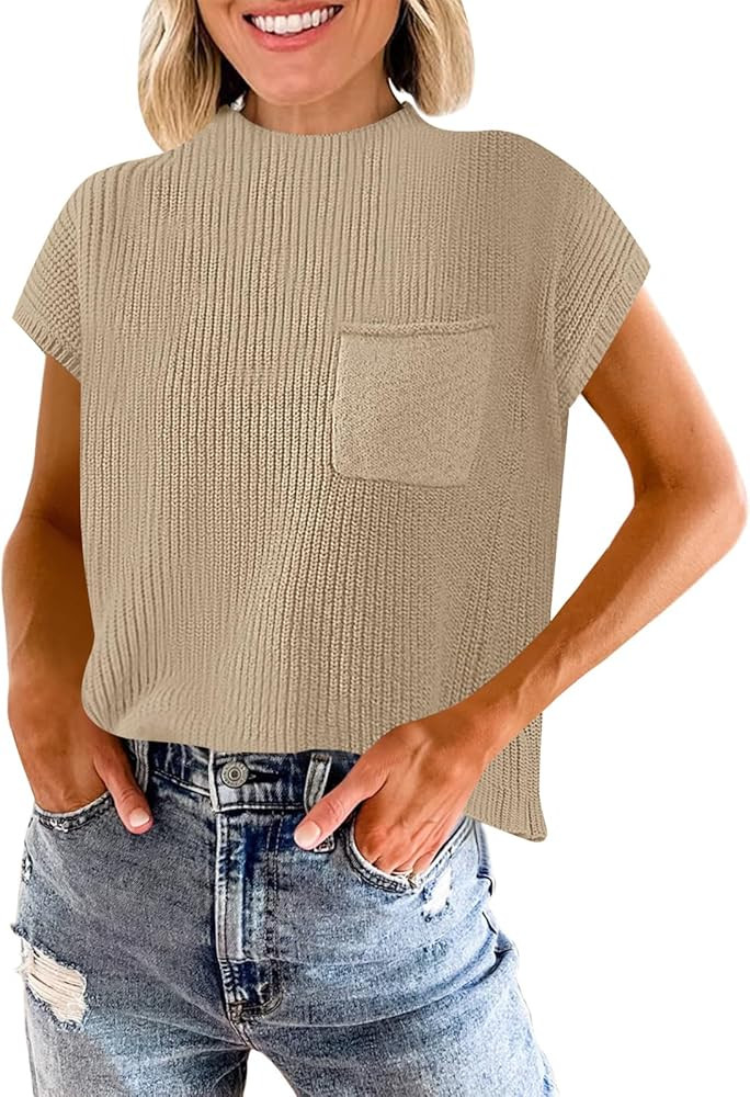 ANRABESS Women Casual Short Sleeve Mock Neck Ribbed Knit Loose Fit Trendy Spring Cropped Sweater ... | Amazon (US)