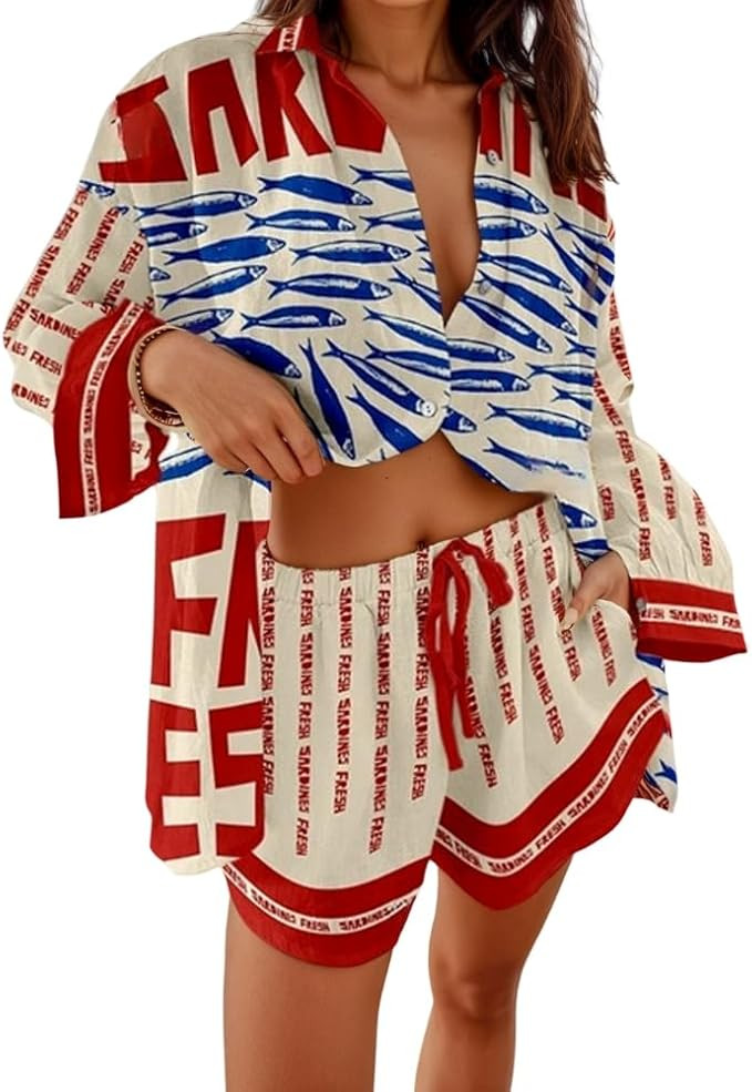 Women's Vacation Beach Two Piece Outfits Casual Floral Button Down Shirt Tops and Drawstring Shor... | Amazon (US)